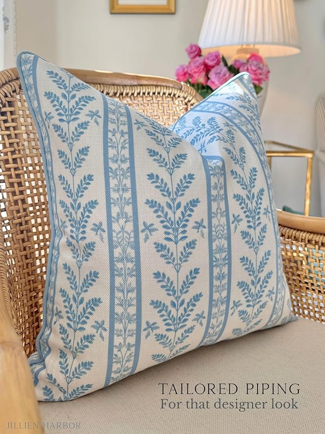Jillien Harbor “The Louis” Blue Floral Block Print Pillow Cover – Decorative Throw Pillow Cover with Off-White Background – Grandmillennial Home Decor, 20" x 20"