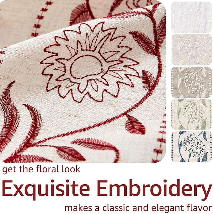 jinchan Winslow Linen Curtains for Bedroom 108 Inches Length Embroidered Bordered Floral Curtains for Living Room Farmhouse Decor Light Filtering Window Treatments Red on Beige Drapes 2 Panels