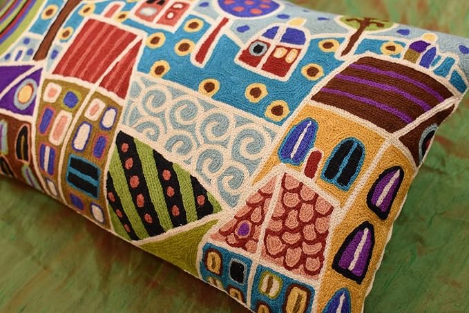 Blue Plant Pattern Throw Pillow Cover | Karla Gerard Artwork Pillows | Floral Couch Cushion | Kids Room Pillowcase | Plant Sofa Pillows | Hand Embroidered Cushions Wool Size - 14x24