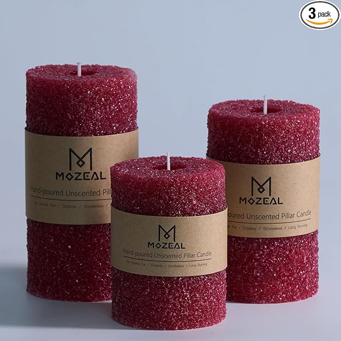 MOZEAL Hand-Poured Granular Texture Decorative Dark Red Pillar Candles Set of 3 (3"x4", 5", 6"), Approx 300 Hours Burn Time Dripless, Long Lasting,Unscented, Smokeless, for Christmas Decor