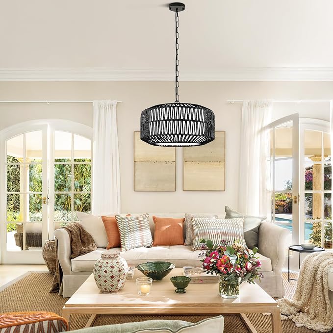 9"-52" Height Adjustable Farmhouse Chandelier Light Fixture, 5-Light Rattan Boho Chandeliers for Dining Room, Hand Woven Pendant Light with Linen Shade, Rustic Hanging Lighting for Kitchen Island