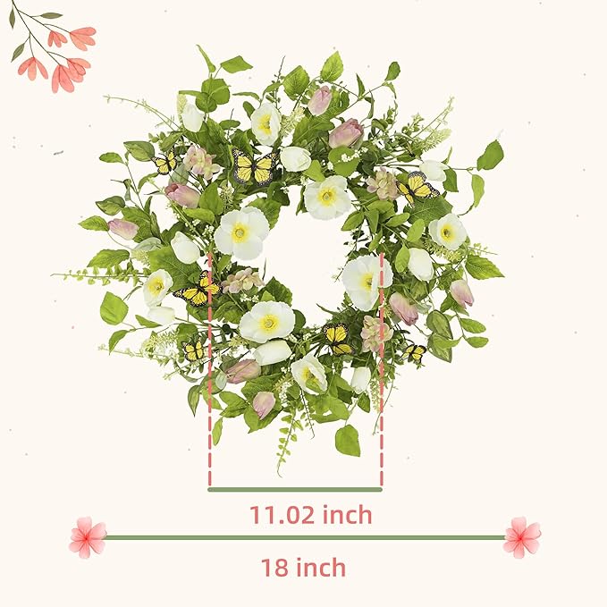 YNYLCHMX 18" Spring Summer Wreaths for Front Door, Artificial Floral Wreath with White Flower Eucalyptus Leaves Butterfly, Green Foliage Wreath for Wall Window Farmhouse Party Holiday Home Decor