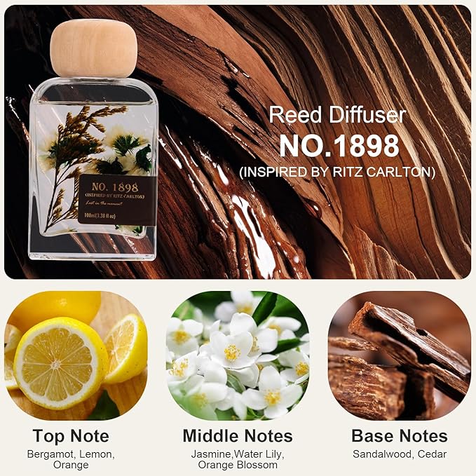 Luxury Hotel Scent Reed Diffuser 100ml (3.38oz) | No.1898 Hotel Collection Diffuser Oil Inspired by Ritz Carlton | Home, Bathroom & Office Decor | Long-Lasting Room Freshener Gift Set