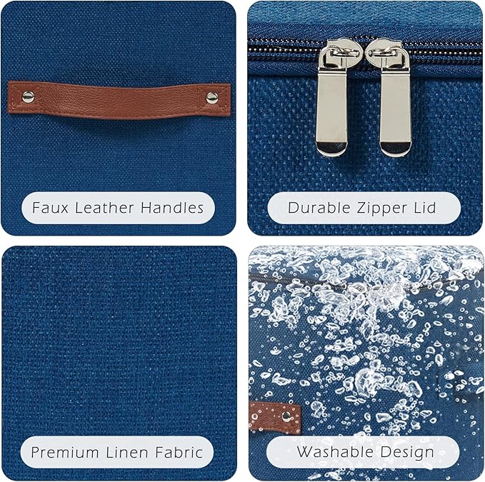 Storage Bins with Zipper Lid Cotton Linen Fabric Lidded Storage Baskets Boxes Foldable Washable Closet Shelf Clothes Organizer Container with PU Leather Handles (Deep Blue, Large)