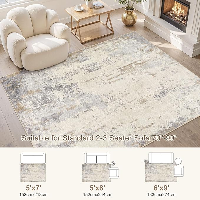 UERMEI 6x9 Area Rug Living Room Rugs - Washable Neutral Modern Abstract Soft Thin Rug Indoor Floor No Slip Rug Carpet for Bedroom Under Dining Table Home Office Decor - Light Brown/Gray