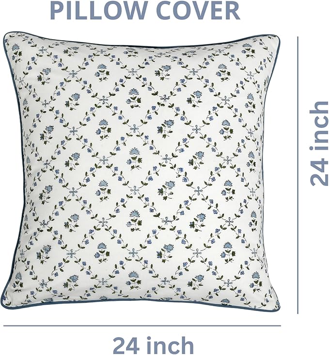 Ridhi Block Print Powder Blue Pillow Cover 24" x 24" (Pack of 2) Decorative Couch Pillows for Living Room, Chic Boho Cute Outdoor Pillows Covers Gifts for Spring, Easter and Valentine