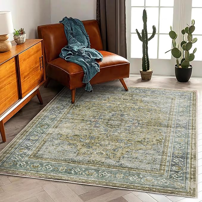 CHAMPLANT Area Rug 6'x9' Washable Vintage Traditional Floor Cover Thin Retro Kitchen Indoor Distressed Non Slip Carpet for Living Room Bedroom Dining Room