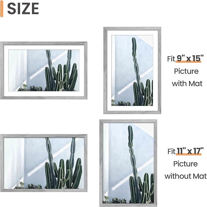 upsimples 11x17 Picture Frame, Display Pictures 9x15 with Mat or 11 x 17 Without, Wall Hanging Poster Frames, Gray, 1 Pack