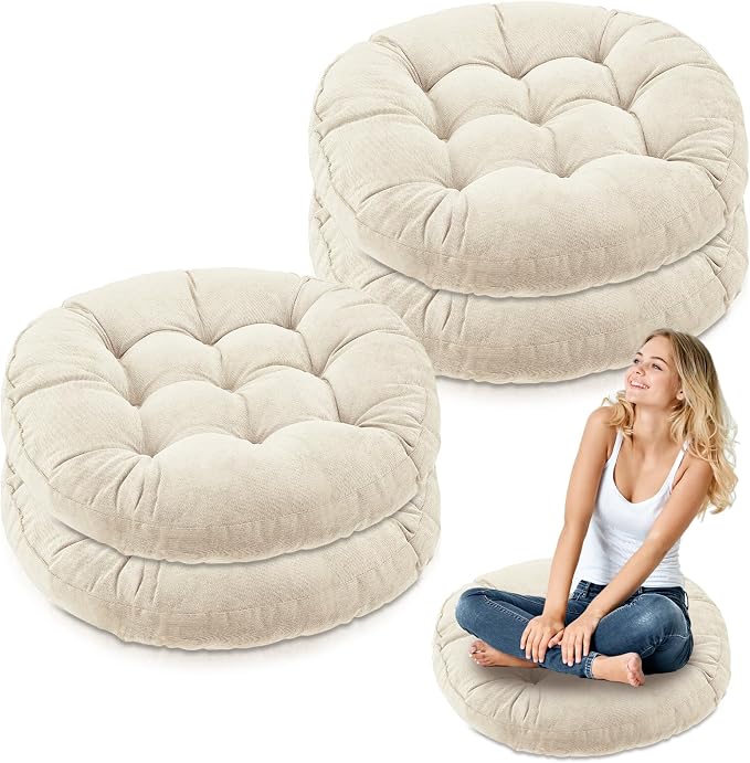 Jerify 4 Pcs Floor Pillow Cushions Large Round Square Large Meditation Floor Pillow for Classroom Adult Meditation Picnic Party Seating Learning Daycare School (Round,Beige)