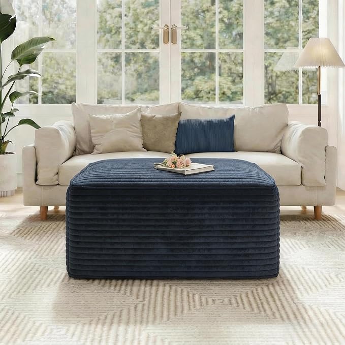 JINGLING 37.4" Rectangle Ottoman Foot Rest for Couch - Corduroy Upholstered Compressed Memory Foam, Cloud Ottoman for Modular Sectional, No Assembly Required, DIY Combination, Blue