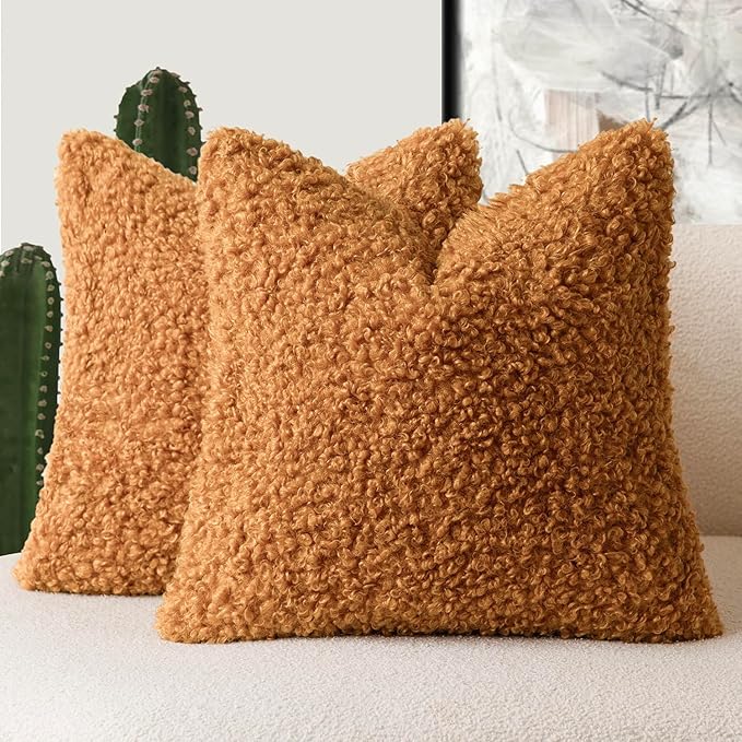 Foindtower 2 Pieces 26x26 Inch Orange, Faux Fur Throw Pillow Cover Accent Sherpa Furry Pillow Covers Fuzzy Soft Pillowcases Cozy Sheepskin Decorative Fleece Cushion Case for Bed Couch Living Room