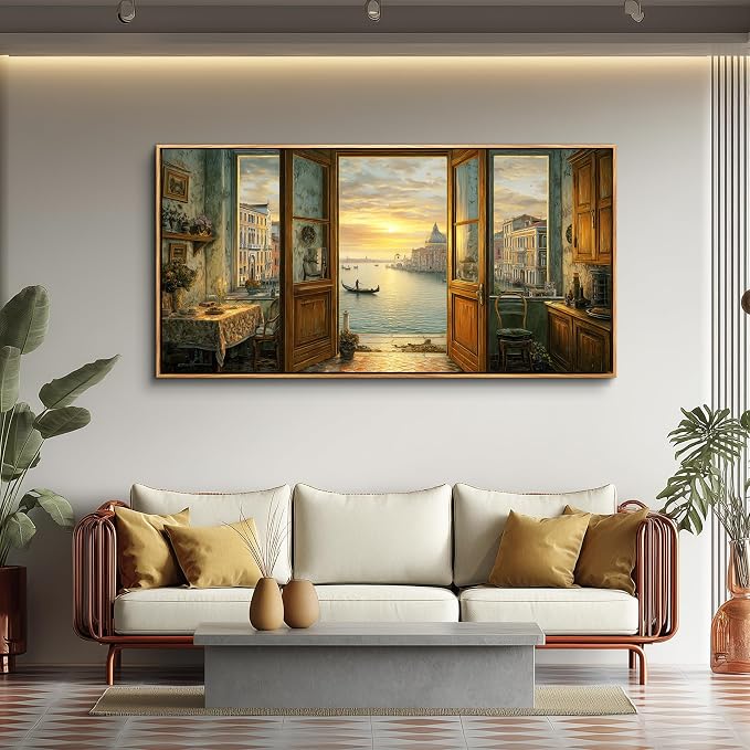 XIGUANGART Large Framed Vintage Wall Art, Living Room Country Farmhouse Decor, Italy Venice Grand Canal Landscape Paintings, Canvas Prints, Scenery Long Pictures for Bedroom Above of Bed,20x40inch