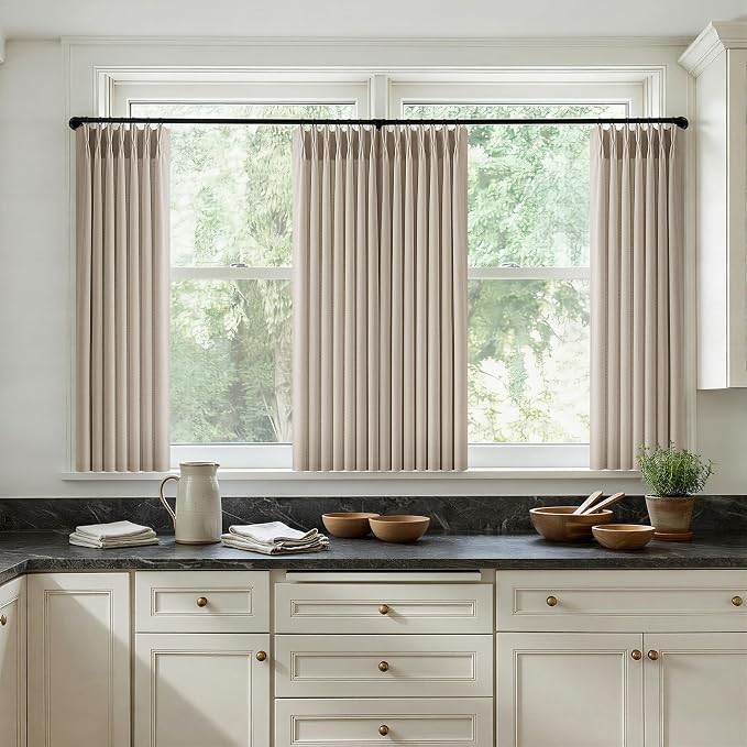 Burlywood Birch Linen Pleated Curtains 36 Inch Length 2 Panels for Kitchen Dining Room Pinch Pleat Drapes with Hooks Rings Semi Sheer Light Filtering Modern Farmhouse Short Curtains for Small Window
