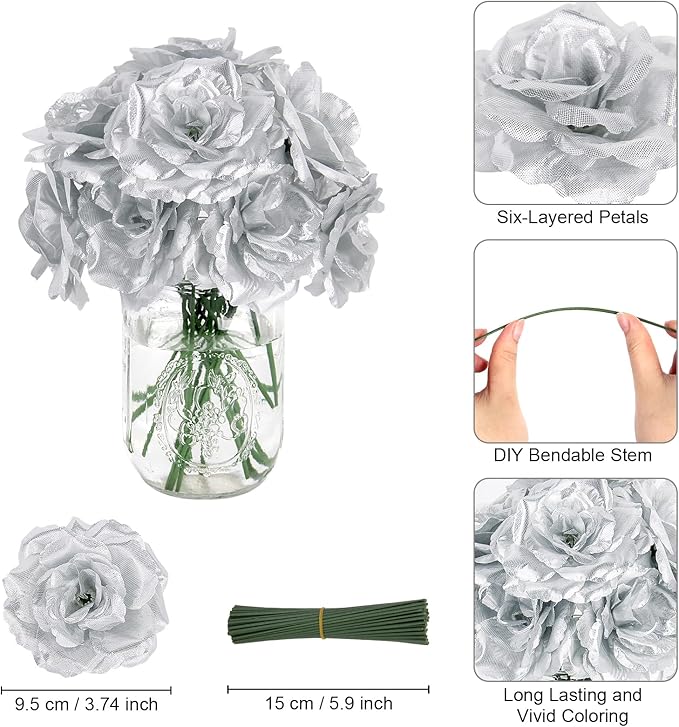 LELEE Artificial Rose Flowers Head with Stem - 108pcs Silver Artificial Flowers Rose Bulk - Silk Rose Fake Flower for Wedding Bouquet Party Home Decor DIY Baby Shower Centerpieces Tables Decoration