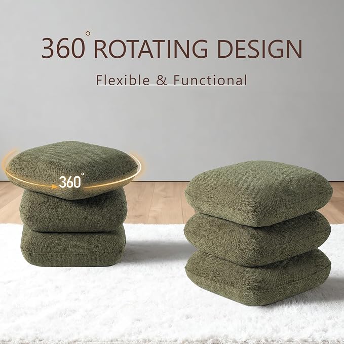 Get Set Style 360° Swivel Linen Ottoman, Modern Upholstered Foot Stool, Multifunctional Vanity Chair Accent Stool for Small Space, Living Room, Bedroom, Entryway, Olive Green