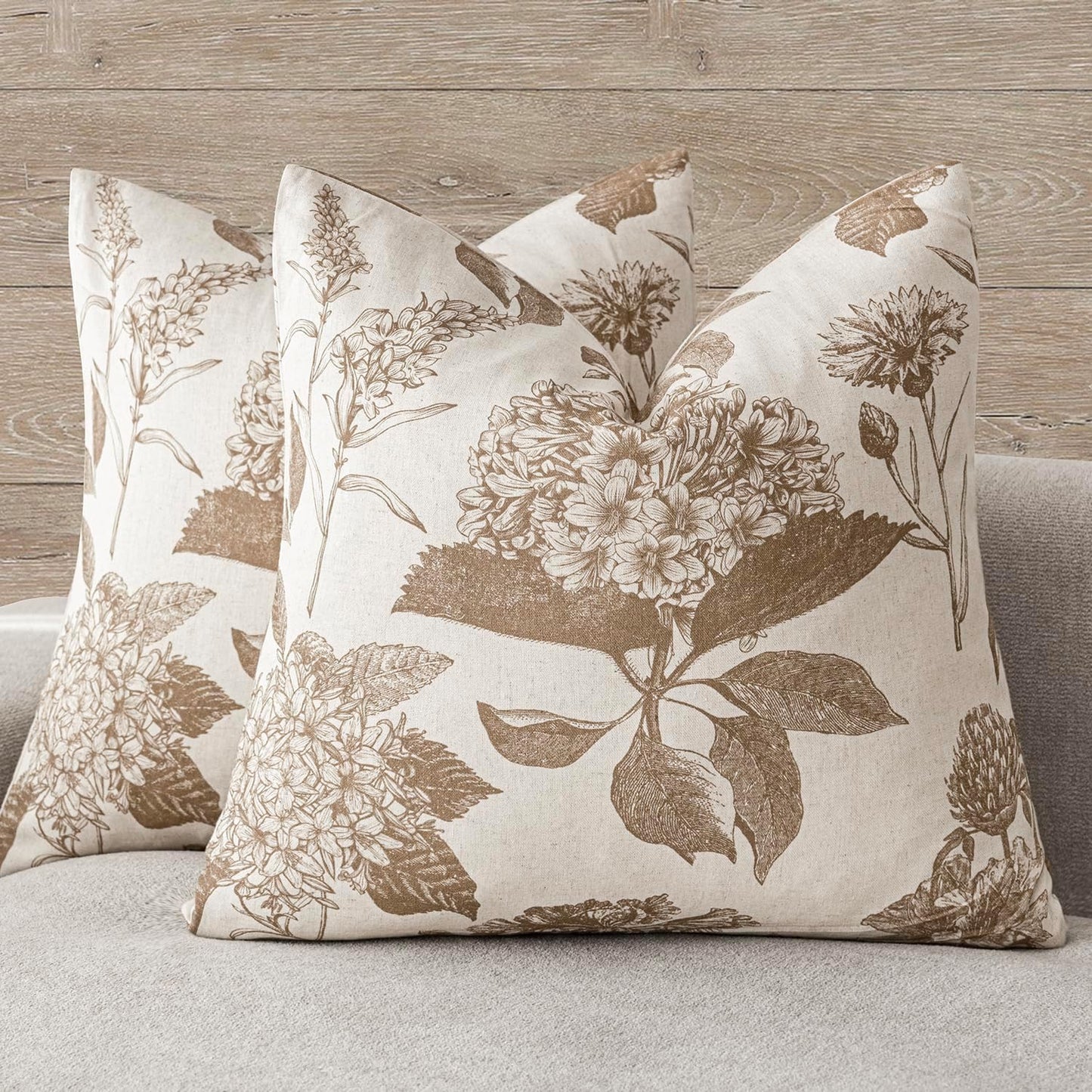 Foindtower Set of 2 Linen Floral Throw Pillow Covers Neutral Vintage Print Decorative Cushion Covers Farmhouse Boho Home Decor for Sofa Chair Couch Bedroom Living Room Outdoor,22×22 Inch,Light Brown