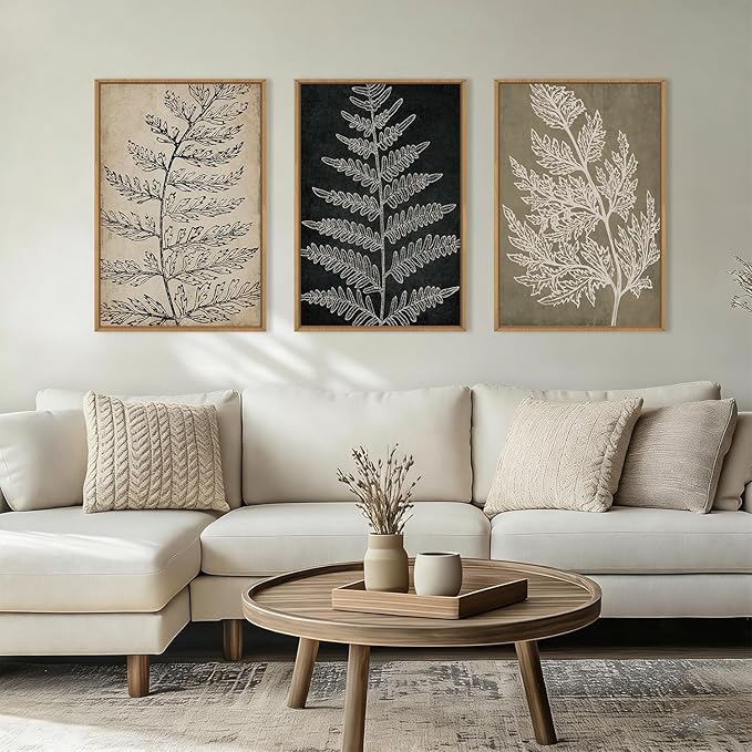 KAIRNE Vintage Botanical Fern Framed Canvas Wall Art Set, Retro Fern Leaf Wall Decor, Rustic Black Tan Art Prints, Modern Minimalist Leaves Artwork for Living Room,Bedroom,Farmhouse,Office-16 x24 x3