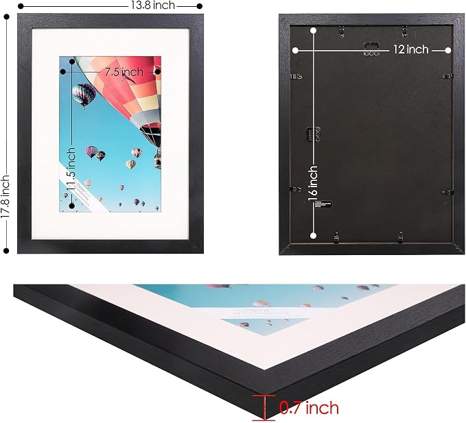 The Display Guys - Black Wooden Minimalist Picture Frames Set - Tempered Glass - 12x16 matted to 8x12 - Wall Hanging - 4-Pack