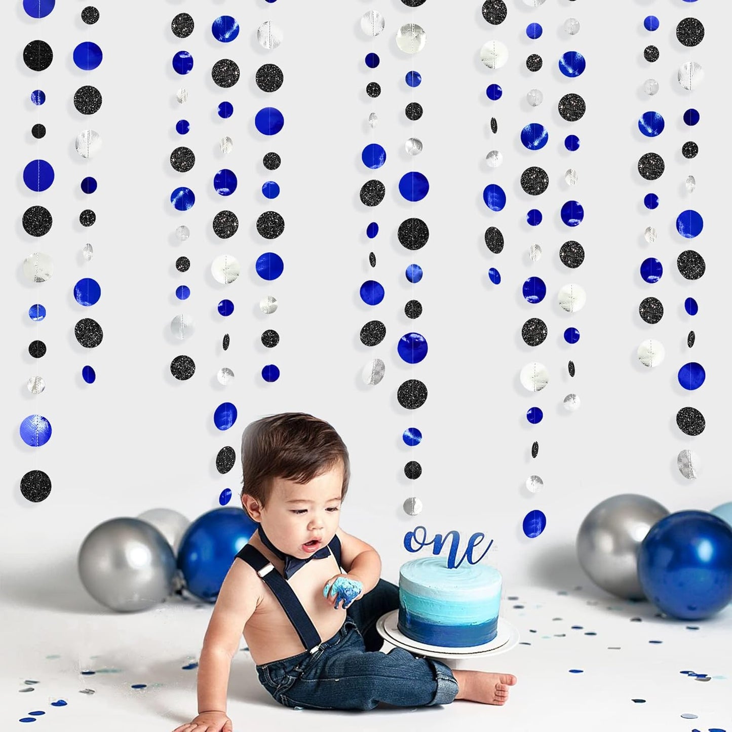 46Ft Navy Blue Black Silver Circle Dots Garland Royal Blue Black Polka Dots Streamer for Birthday Graduations Wedding Bridal Baby Shower Nautical Ahoy Achor Pirate Theme Party Decorations Supplies