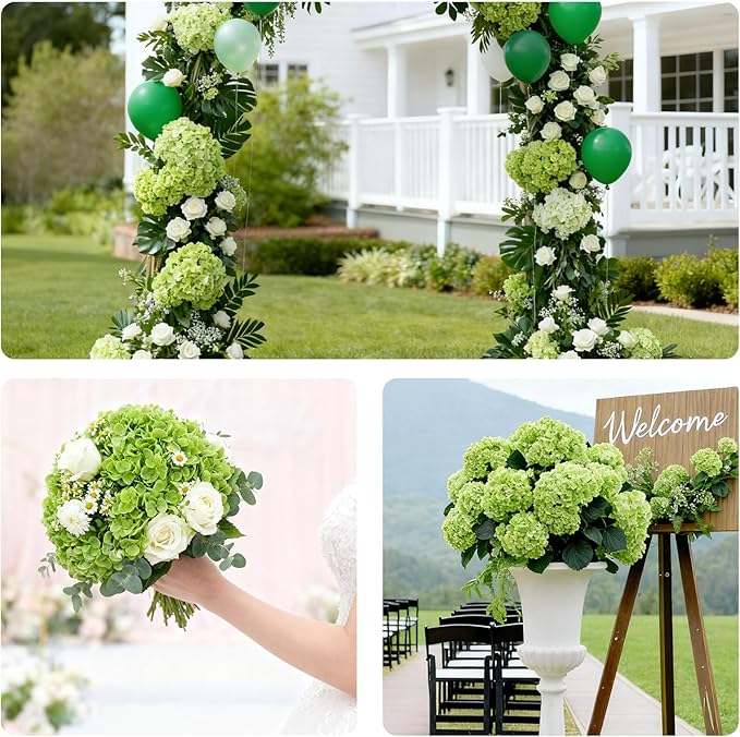 4 Pcs Artificial Hydrangea Silk Flowers with Stems, 19.7" Green Faux Hydrangeas Bouquet, 240 Petals, UV Resistant & Waterproof Fake Flower for Outdoor Wedding Home Decor