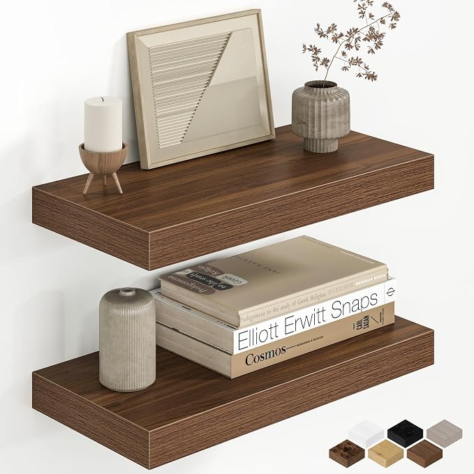 Fun Memories 16 Inch Floating Shelves for Wall, 8 Inch Deep Rustic Wood Wall Mounted Shelves with Invisible Brackets for Bathroom, Bedroom, Kitchen & Living Room Storage Decor, Walnut, 2 Pack