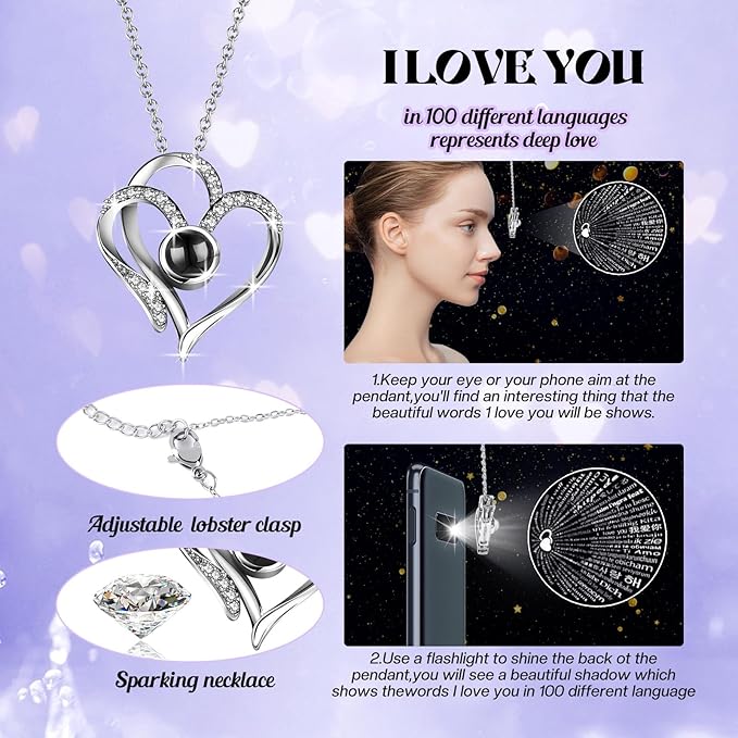 Pasuvsigt Mothers Day Mom Birthday Gifts for Women, Preserved Real Rose with I Love You Heart 100-Language Necklace, LED Lights & Music Box, Anniversary for Women Girlfriend Mom