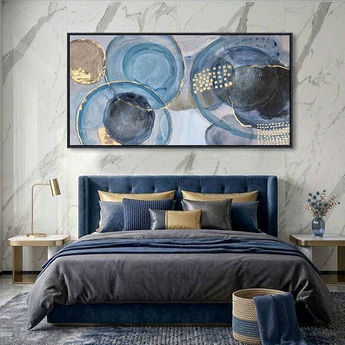 YDYSUNE Blue Abstract Wall Art for Living Room,Large Framed Canvas Wall Decor for Office,Modern Minimalist Geometric Circle Painting Print,Room Artwork Decoration Ready to Hang Size 29x58 Inches