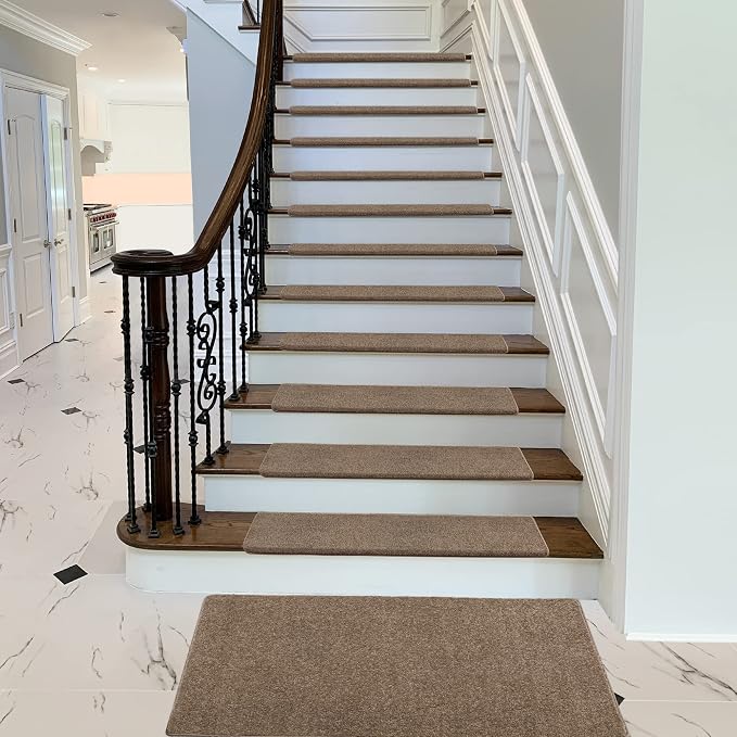 PURE ERA Bullnose Carpet Stair Treads Set Tape Free Non-Slip Indoor Stair Protectors Pet Friendly Rugs Covers Soft Skid Resistant Washable Reusable 9.5" x 30"(7 Pieces, Camel Brown)