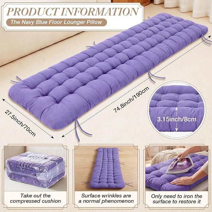 Wenqik Long Floor Cushion Large Floor Cushion with Brushed Cotton 74.8 x 27.5 x 3.15 in Jumbo Lounger Pillow for Outdoor Indoor Bay Window Meditation Yoga Reading Sleeping(Purple)