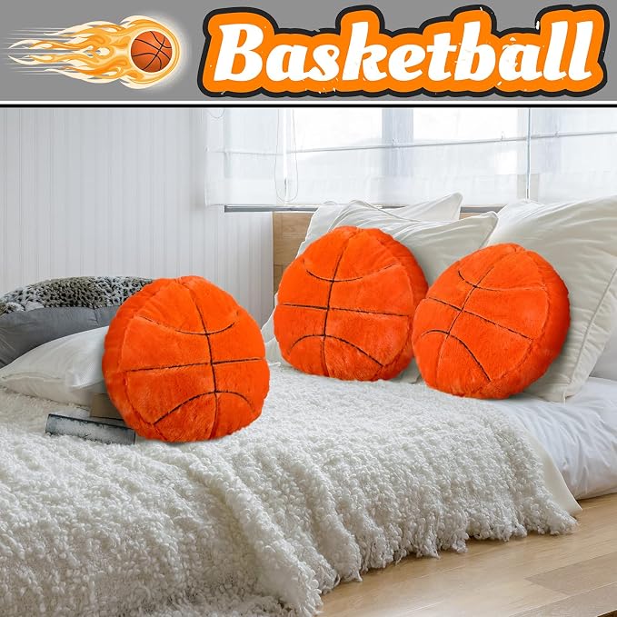 Gerrii 4 Pcs Sports Throw Pillows Basketball Softball Football Soccer Volleyball Tennis Pillow Fluffy Stuffed Plush Cushion Gift for Senior Night Home Bedroom Decor Birthday Present(Basketball)