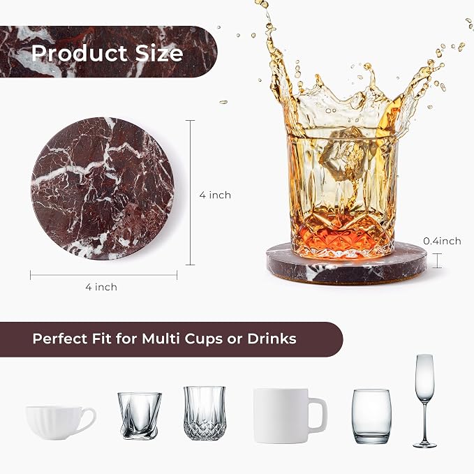 Natural Marble Coasters Set of 4-4" Round Stone Drink Coasters, Non-Slip Cork Backing, Housewarming Gift, Wedding, Protect Tables from Stains & Scratches Rosso Lepanto (WH114)