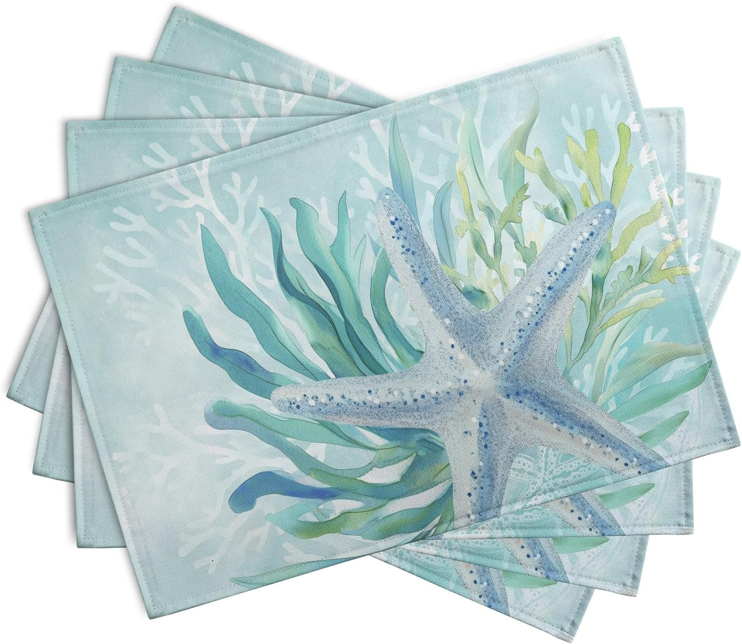 Nautical Coastal Placemats Set of 4 Ocean Coral Starfish Seagrass Beach Theme Table Mat 12x18 Inch Teal Turquoise Blue Summer Linen Fabric Place Mats for Party Kitchen Dining Outdoor Indoor Decor