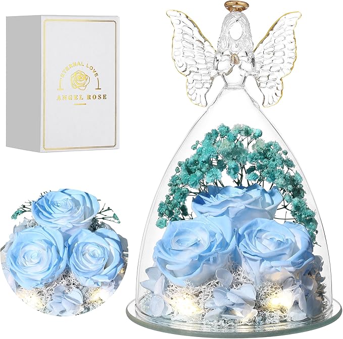 Mothers Day Rose Gifts for Women Preserved Real Flower in Glass Angel Figurines Roses for Delivery Prime Birthday Gifts for Mom Grandma Girlfriend Wife Her, Sky Blue White