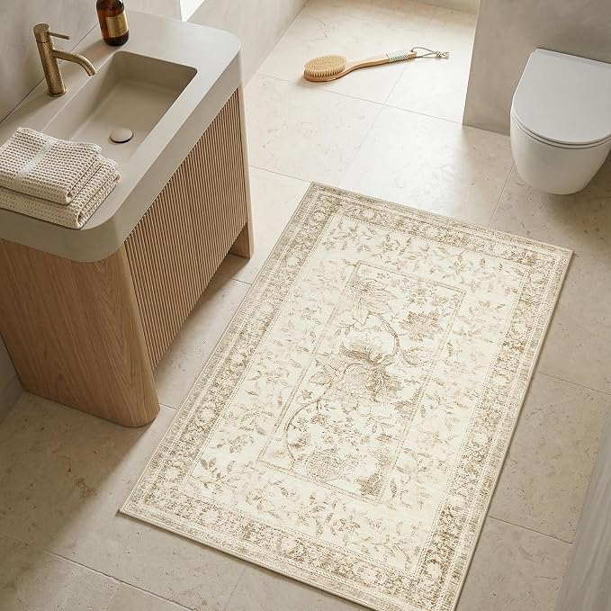 GarveeHome Vintage Beige Small Rug 2x3 Door Mat Indoor Cottage Core Retro Farmhouse Low-Pile Stain Resistant Non-Slip Washable Rugs for Entryway Bathroom Bedroom Kitchen TPE Backing