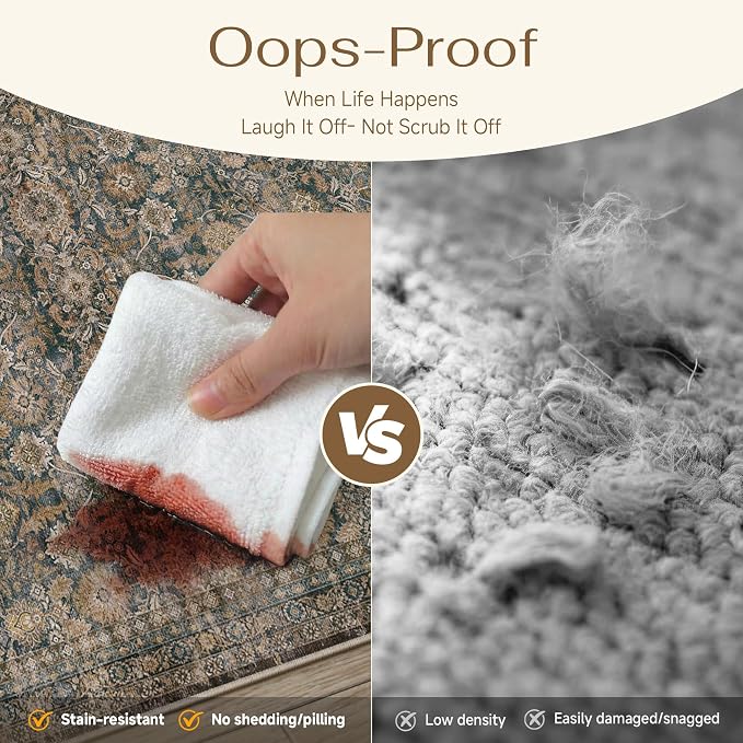 5x7 Washable Traditional Area Rug for Living Room Brown Floral Non Slip Low Pile Throw Rug Neutral Vintage Stain Resistant Carpet Bedroom Kitchen Playroom Office Dining Room