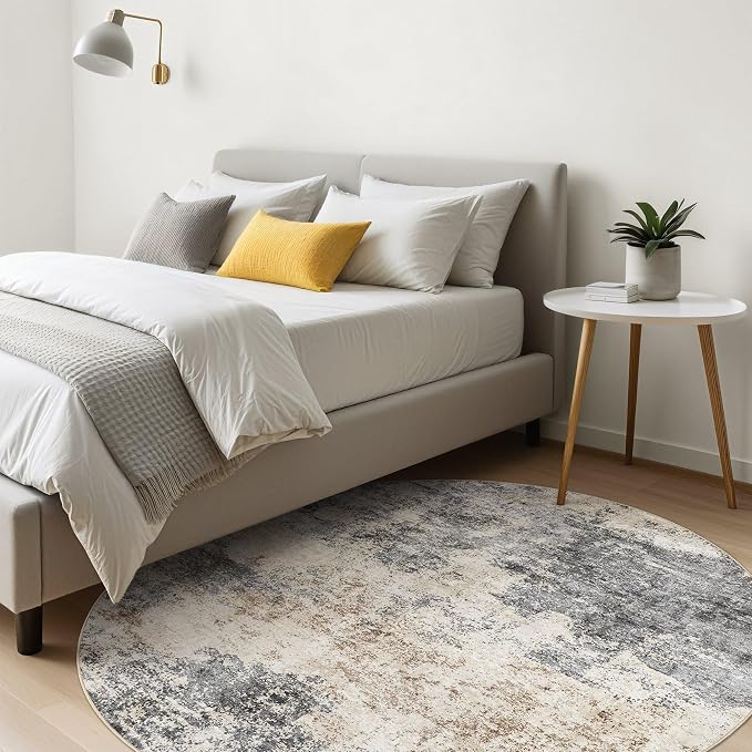 Round Rug Living Room Rugs: 5x5 Washable Circle Large Abstract Modern Soft Stain Resistant Non-Slip Indoor Floor Carpet for Bedroom Nursery Office Dining Room Dorm Home House- Grey Brown