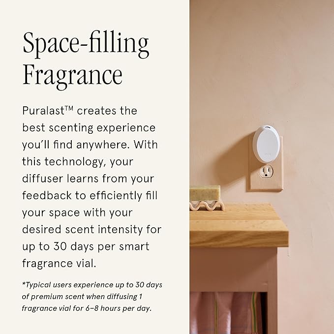 Pura Mini Smart Fragrance Diffuser for Small Spaces Adjustable Smart Home Device with LED Light & Automatic Vial Detection - Includes 1 Scent Refill - White Tea no.1