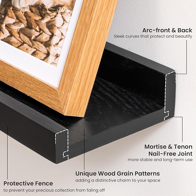 Acovy Solid Ash Wood Picture Ledge Shelf, 24 Inch, Black, Set of 2 | Floating Shelves with Lip, Wall Mounted, For Living Room Bedroom Nursery