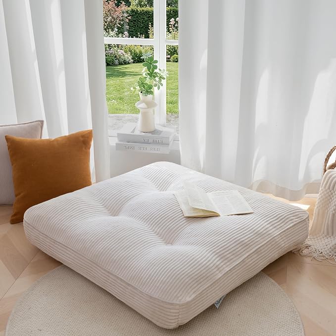 HIGOGOGO 35" Floor Pillow Cushion for Adults, Meditation Cushion Pillow, Extra Large Square Floor Sitting, Tufted Corduroy Cover for Tatami Living Room or Yoga, Beige