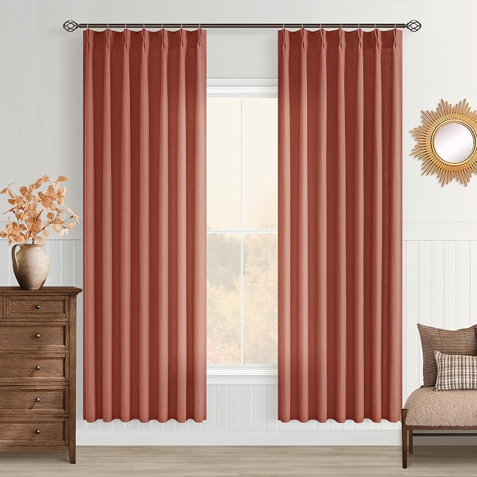 72 Inch Pinch Pleated Linen Curtains 2 Panels for Living Room Bedroom Terracotta Semi Sheer Light Filtering Back Tab Pinch Pleat Hooks Rings Fall Autumn Window Curtain Burnt Orange Boho Farmhouse