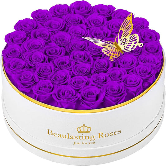 47 Preserved Roses Forever Flowers Real Roses in a Box Mother's Day Birthday Flowers for Her Mom Women Wife Valentine's Day, Purple Roses