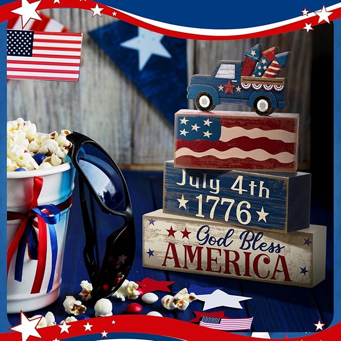 CroBlissful 4 Pcs 4th of July Decorations Patriotic Memorial Day Tabletop Decorations Red White Blue Table Centerpieces Sign for Office Tiered Tray Home Shelf 250th Anniversary(Truck)