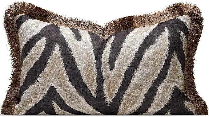 Luxury Zebra Lumbar Pillow Cover with Brown Tassel Trim, Zebra Pattern Jacquard Design Decorative Pillow Case for Sofa Bedroom Living Room, 12x20 Inch (Single Pack)