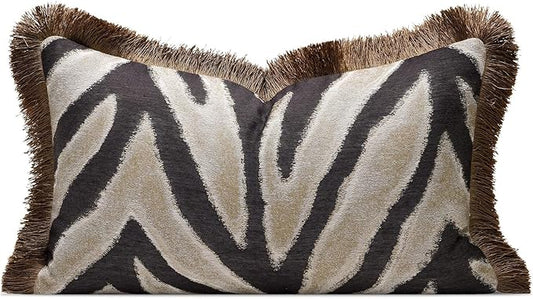 Luxury Zebra Lumbar Pillow Cover with Brown Tassel Trim, Zebra Pattern Jacquard Design Decorative Pillow Case for Sofa Bedroom Living Room, 12x20 Inch (Single Pack)
