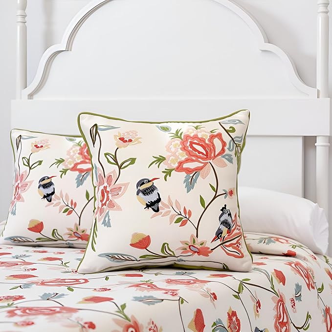 Embroidered Throw Pillow Covers 18x18 inch Pack of 2 Vintage Birds with Pink Flowers Farmhouse Pillow Cushion Cases Spring Summer Decorative Pillowcases Home Decor for Sofa Bed Living Room