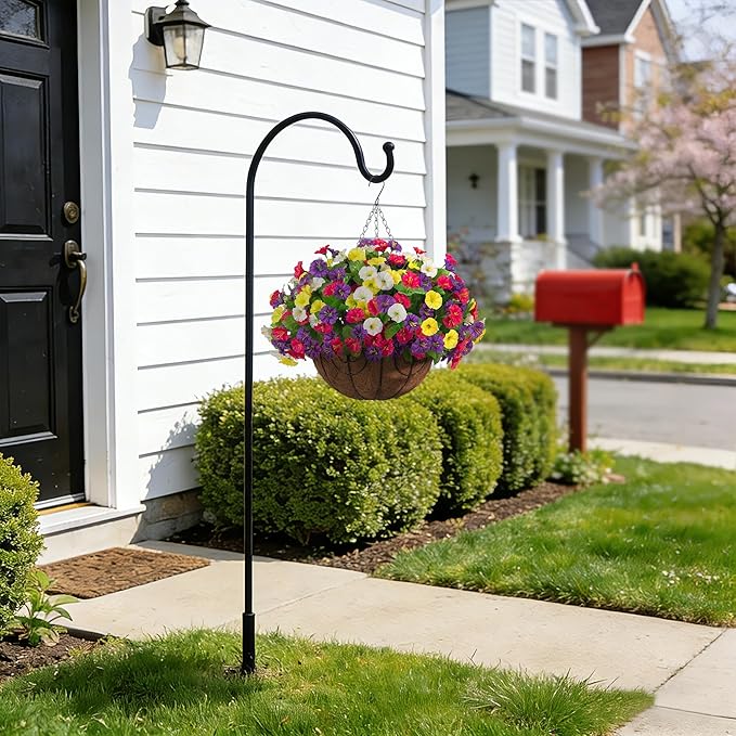 Ammyoo Artificial Fake Hanging Flowers with Basket, Faux Silk Morning Glory Flower Arrangement for Spring Summer Decor, Hanging Plant for Patio Garden Porch Outdoor Decor