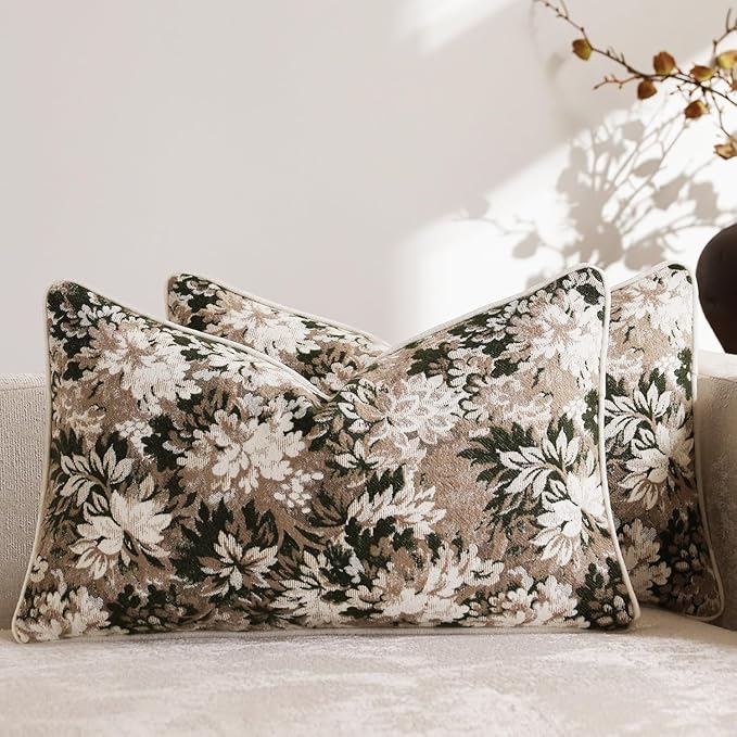 DEZENE Pack of 2 Vintage Floral Pillow Covers 12x20 Boho Farmhouse Accents Chenille Rectangular Lumbar Decorative Throw Pillow Cases for Living Room Couch Bed Home Decor, Green and Taupe