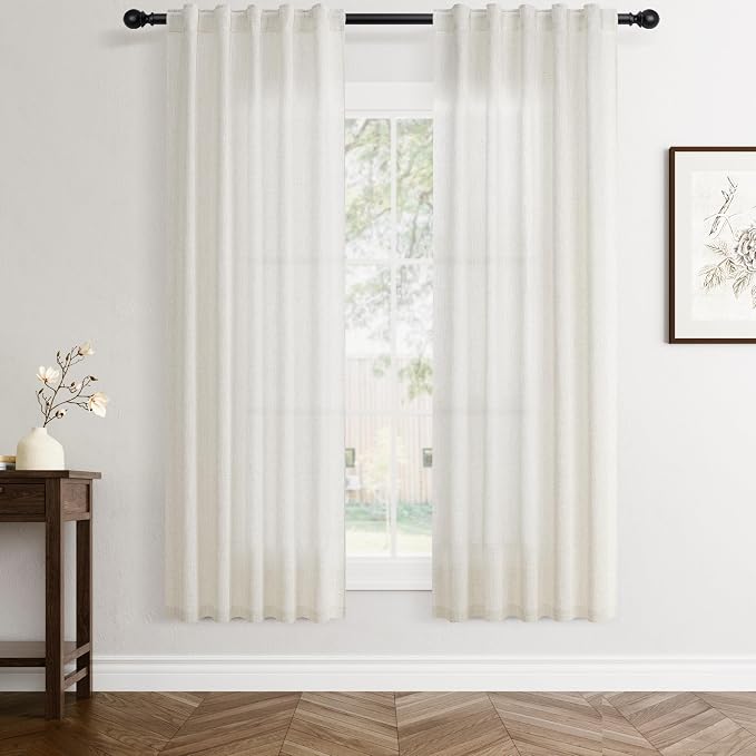 Jowels Natural Linen Curtains 72 Inch Long 2 Panels for Living Room | Ivory Light Filtering Sheer Curtain,Back Tab Pocket Pleated Look,Modern Farmhouse Textured Privacy Drapes for Bedroom Window