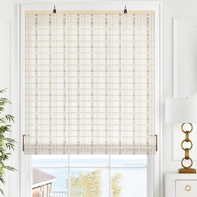 LazBlinds Cordless Bamboo Blinds, 32"x72", Whitewash B | Bamboo Roll Up Shades for Windows, Light Filtering Hanging Window Blinds, Bamboo Shades for Patio Indoor/Outdoor Porch