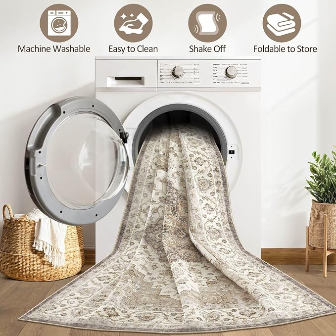 7x10 Area Rug Living Room: Washable Boho Large Neutral Vintage Soft Rug Stain Resistant Farmhouse Non-Slip Indoor Floor Carpet for Bedroom Nursery Kids Playroom Office Dining Room Home- Brown Beige